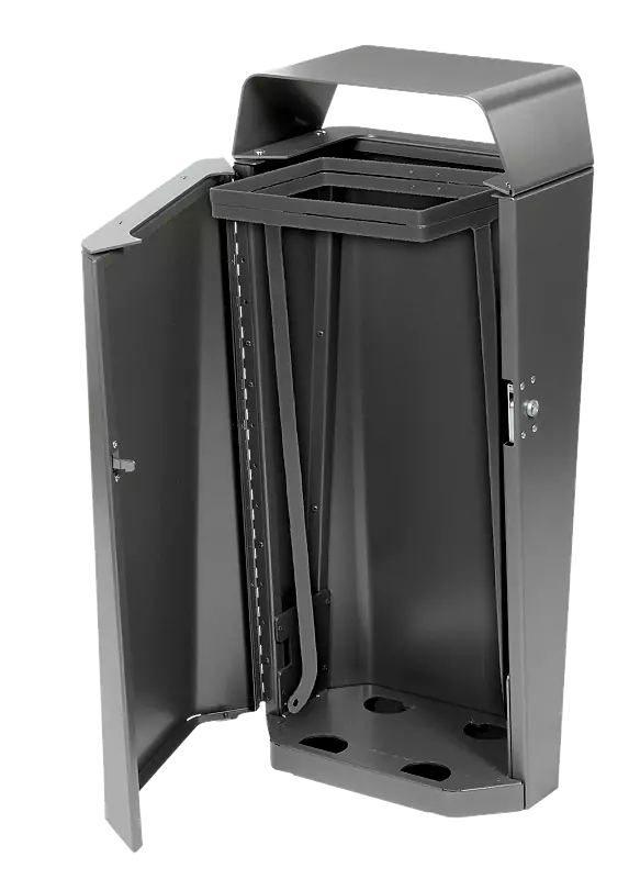 Abfallbehälter CASILDA, mit Abfallsackhalter, in DB 703 eisenglimmer, zur Entleerung geöffnet