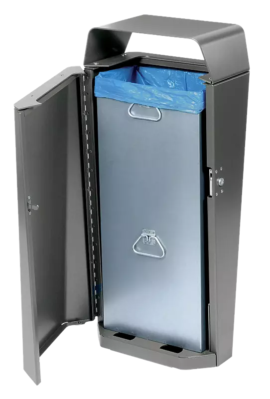 Abfallbehälter CASILDA, mit feuerverzinktem Innenbehälter, in DB 703 eisenglimmer, zur Entleerung geöffnet