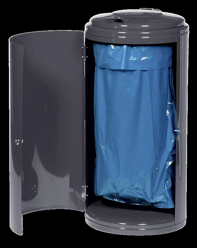 Abfallbehälter EDMONTON, Einflügeltür mit Dreikantschloss, in DB 703 eisenglimmer, zur Entleerung geöffnet