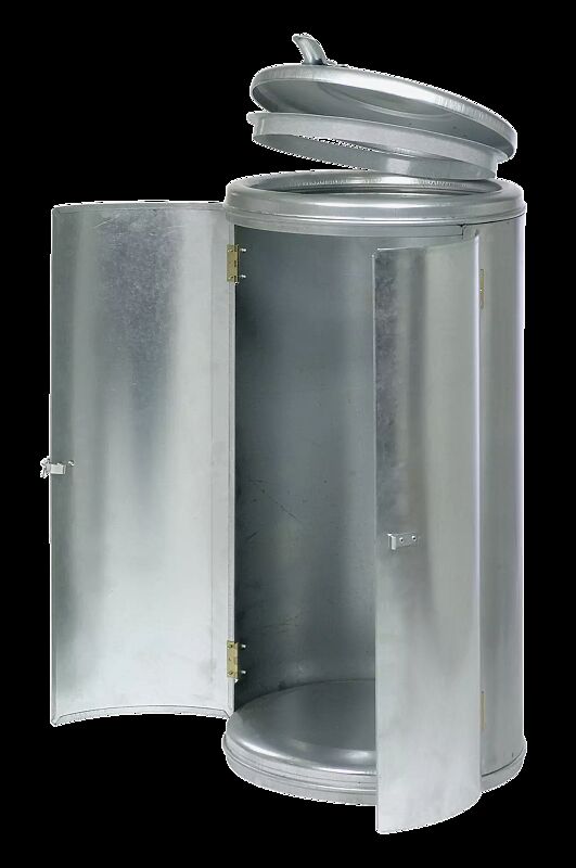 Abfallbehälter EDMONTON, Doppelflügeltür mit Spannverschluss, feuerverzinkt, zur Entleerung geöffnet