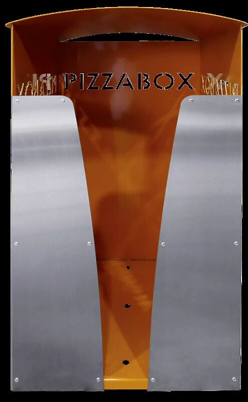 Pizzabox-Abfallbehälter SEATON, Dekorblende Edelstahl, Stahlteile in RAL 2000 gelborange