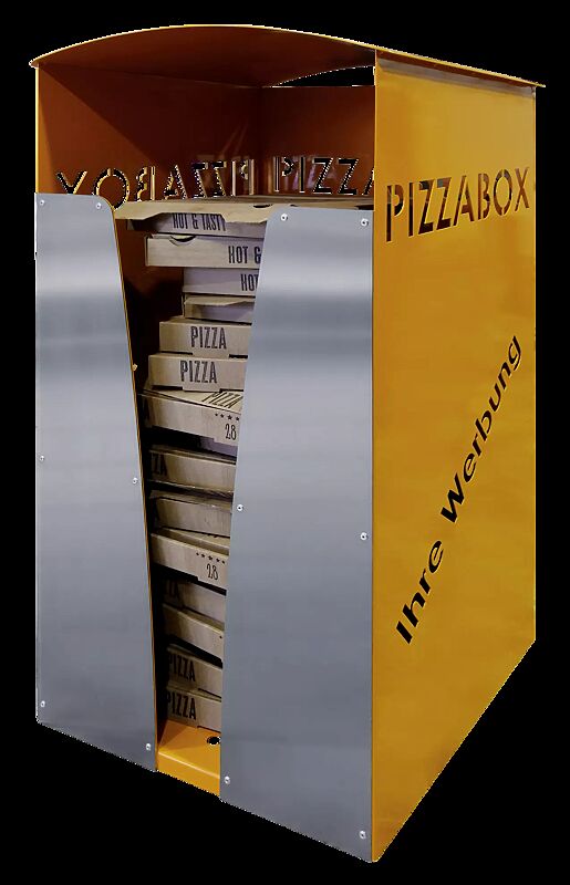 Pizzabox-Abfallbehälter SEATON, mit individuell gelaserter Werbeanbringung an den Seitenwänden links und rechts (Mehrpreis), Dekorblende Edelstahl, Stahlteile in RAL 2000 gelborange