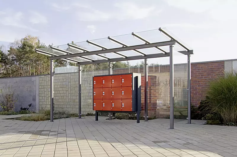 12er-Schließfachanlage SECURE Stahlkonstruktion verzinkt und pulverbeschichtet, inkl. Unterzug und Stützen zum Aufdübeln bei -200 mm, mit Münzpfandschlössern und Schließfach-Nummerierung Schließfachanlage SECURE, 12 Fächer mit Münzpfandschloss und Schl...