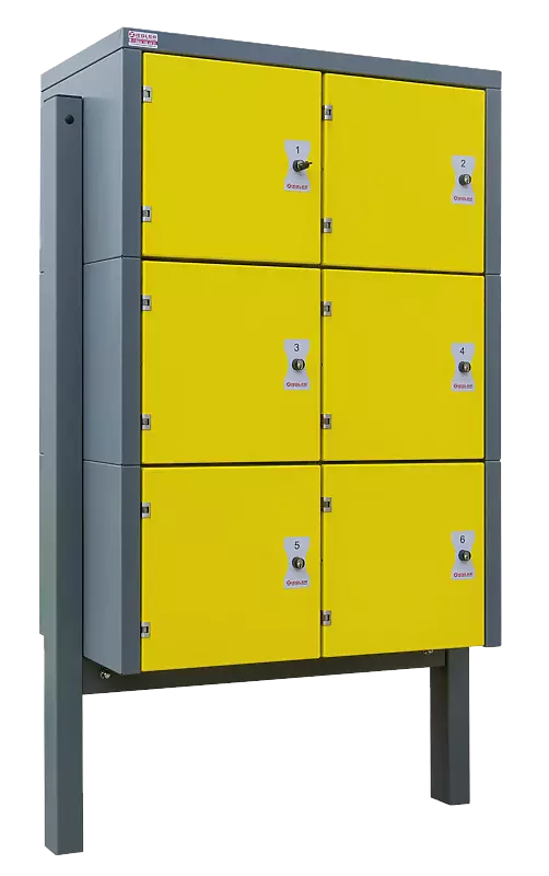 Schließfachanlage SECURE, 6 Fächer mit Elektroinstallation, Türschließung mittels Münzpfandschloss, Stahlkonstruktion in RAL 7012 basaltgrau und RAL 1018 zinkgelb 6er-Schließfachanlage SECURE, Stahlkonstruktion verzinkt und pulverbeschichtet, inkl. Unt...