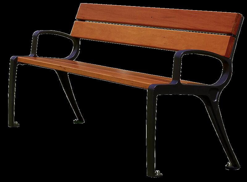 Sitzbank BASIC mit Rückenlehne und Armlehnen, mit Timberholzbelattung, Stahlteile in RAL 9005 tiefschwarz