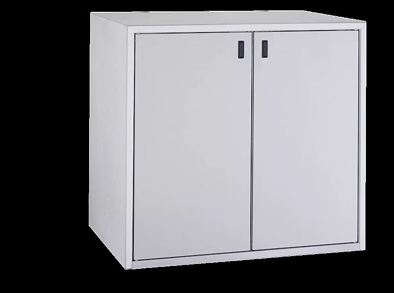 Müllbehälter-Doppelschrank DUNDEE, Korpus Sichtbeton, Türen in weißaluminium ähnlich RAL 9006