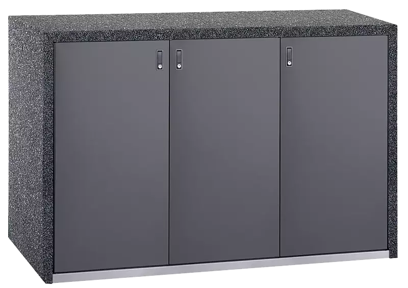 Müllbehälter-Dreifachschrank SWANLEY, Korpus Sichtbeton gewaschen in perlmutt schwarz, Türen in RAL 7011 eisengrau