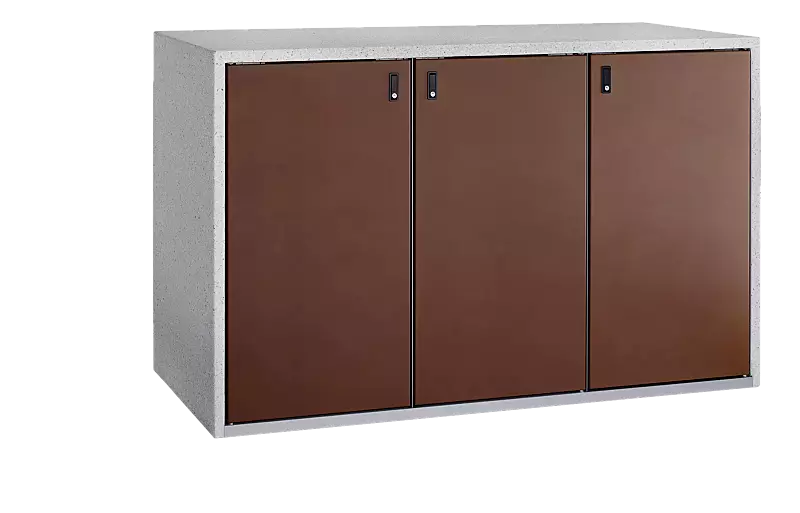 Müllbehälter-Doppelschrank SWANLEY, Korpus Sichtbeton gewaschen in eisgrau, Türen in RAL 8004 kupferbraun