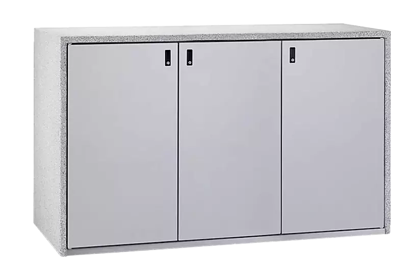 Müllbehälter-Dreifachschrank SWANLEY, Korpus procarat® mixed, Türen in RAL 9006 weißalumimium mit Klapphebelverschluss