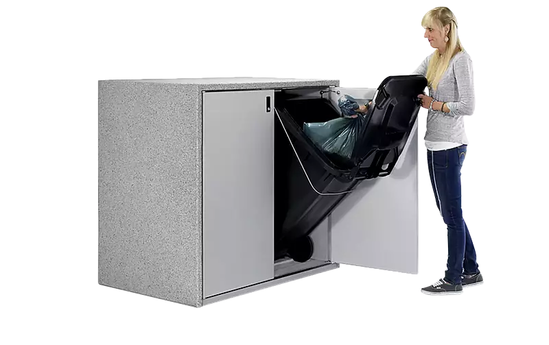 Müllbehälter-Doppelschrank SWANLEY, Korpus procarat® mixed, Türen in RAL 9006 weißaluminium mit Klapphebelverschluss