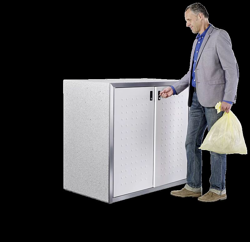 Müllbehälter-Doppelschrank DARWEN, Korpus Sichtbeton gewaschen in eisgrau, Türen in RAL 9010 reinweiß