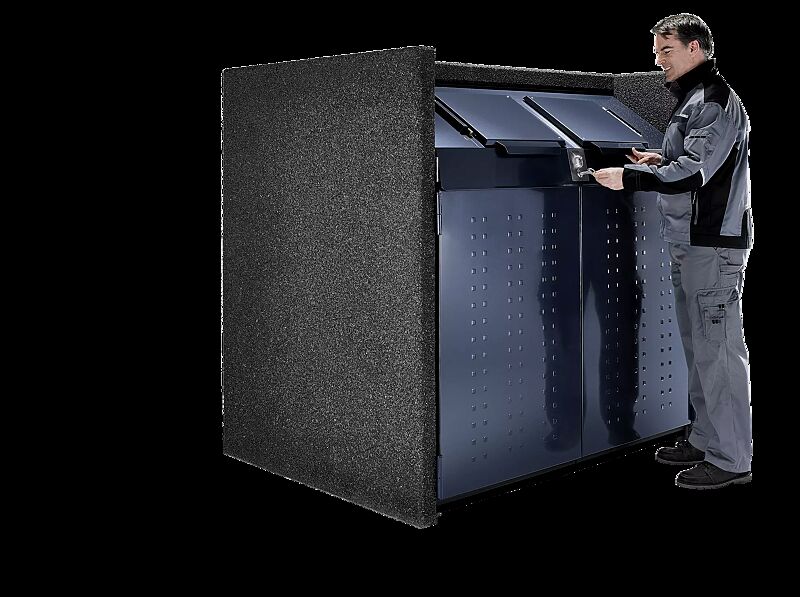 Containerbox DARWEN, Korpus Sichtbeton gewaschen in perlmutt schwarz, Stahlteile in anthrazitgrau ähnlich RAL 7016