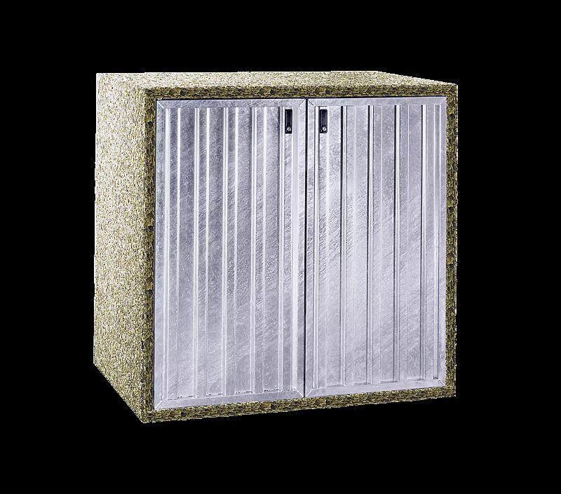 Müllbehälterschrank KENORA, Doppelschrank, Korpus Sichtbeton gewaschen Rheinkies 8/16, Türblatt feuerverzinkt in Trapezprofi