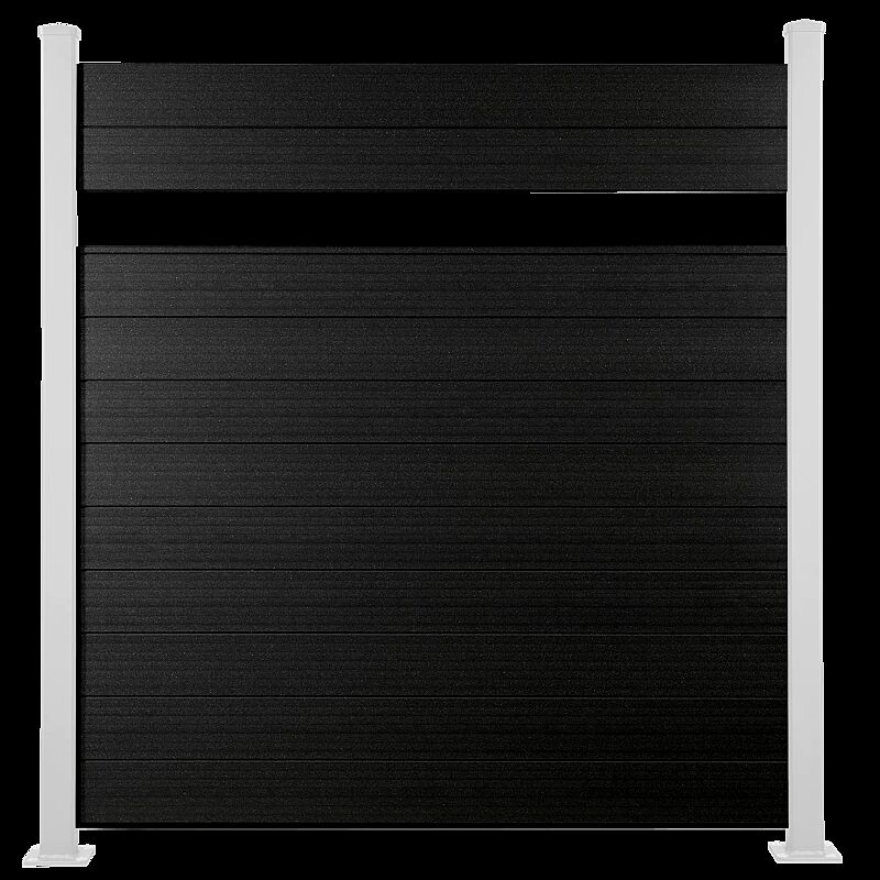 WPC-Wandelement bestehend aus 11 Nut-Feder-Profilen, einem Abschlussprofil ohne Feder und einer Unterbauleiste, in anthrazit