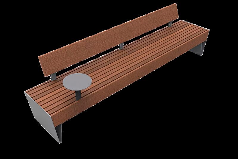 Sitzbank BLOCQ mit Rückenlehne und Ablagetisch, mit Jatobaholzbelattung, Stahlteile in RAL 9007 graualuminium