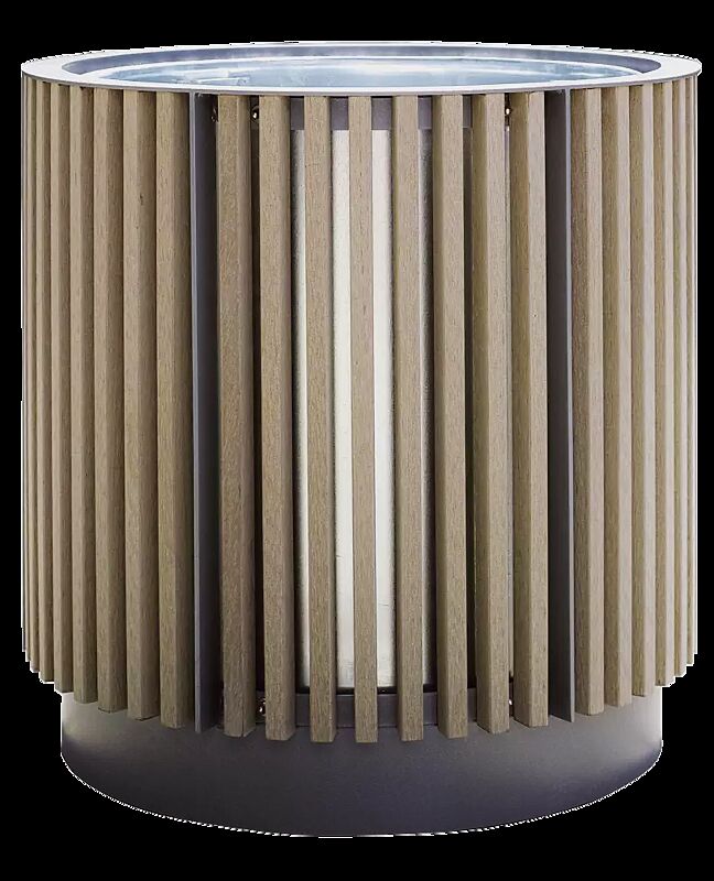 Pflanzbehälter FLORIUM, rund, mit Resysta®-Belattung, lasiert in natur, Stahlteile in RAL 9006 weißaluminium