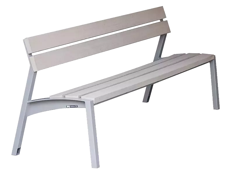 Sitzbank VERA mit Rückenlehne, mit Resysta®-Belattung, lasiert in natur, Stahlteile in RAL 9007 graualuminium