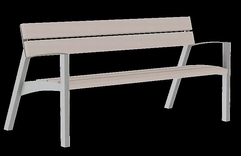 Sitzbank VERA mit Rückenlehne und Armlehnen, mit Resysta®-Belattung, lasiert in natur, Stahlteile in RAL 9007 graualuminium