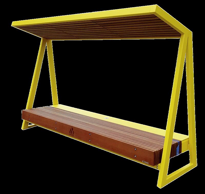 Sitzbank WOODY Solar mit Jatobaholzbelattung, Stahlteile in RAL 1023 verkehrsgelb