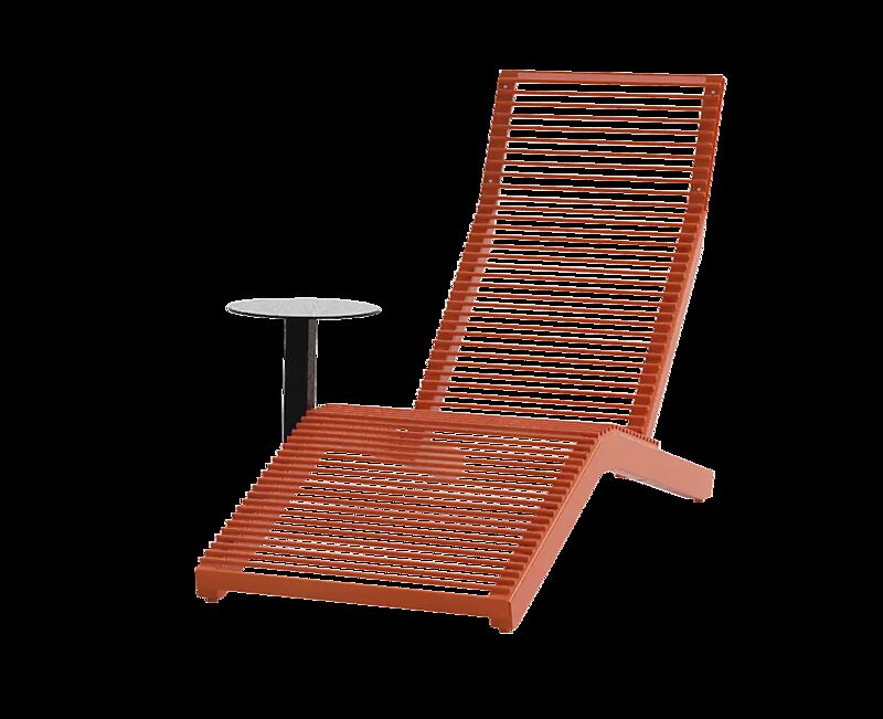 Liegebank RIVAGE mit Ablagetisch, zum Aufdübeln, Stahlteile in RAL 2004 reinorange, Ablagetisch in RAL 9011 graphitschwarz