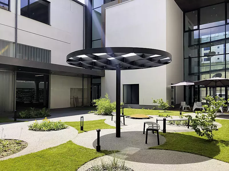 Meeting-Point PIN, runde Ausführung Ø 3500 mm, Stahlkonstruktion in RAL 7016 anthrazitgrau