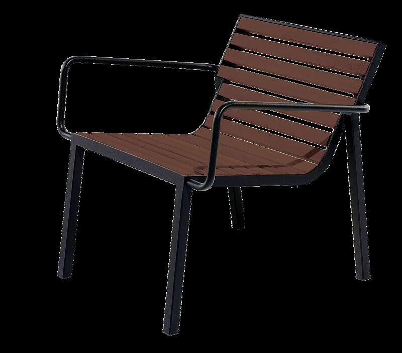 Sitz STACK mit Rückenlehne und Armlehnen, mit Jatobaholzbelattung, Stahlteile in RAL 7021 schwarzgrau