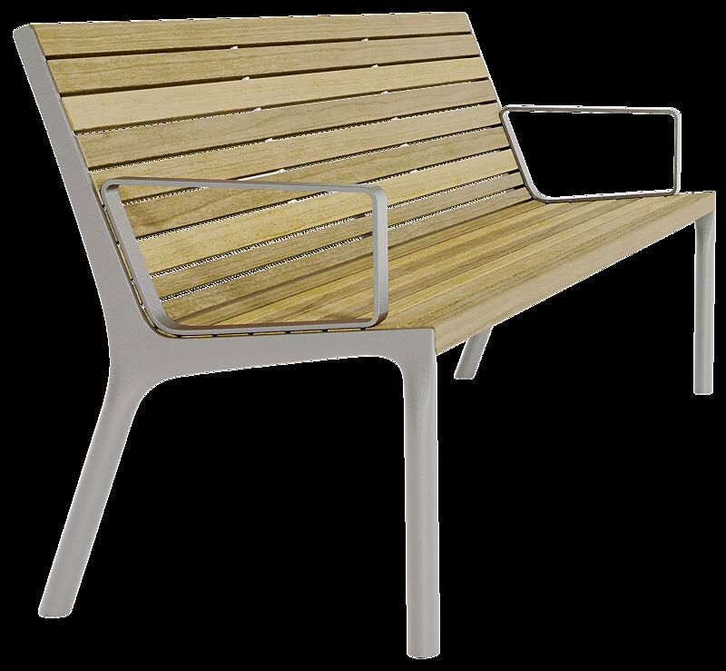 Sitzbank VLTAU mit Rückenlehne und Armlehnen, mit Robinienholzbelattung, Stahlteile in RAL 9007 graualuminium