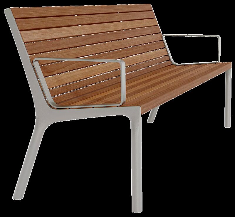 Sitzbank VLTAU mit Rückenlehne und Armlehnen, mit Jatobaholzbelattung, Stahlteile in RAL 9007 graualuminium