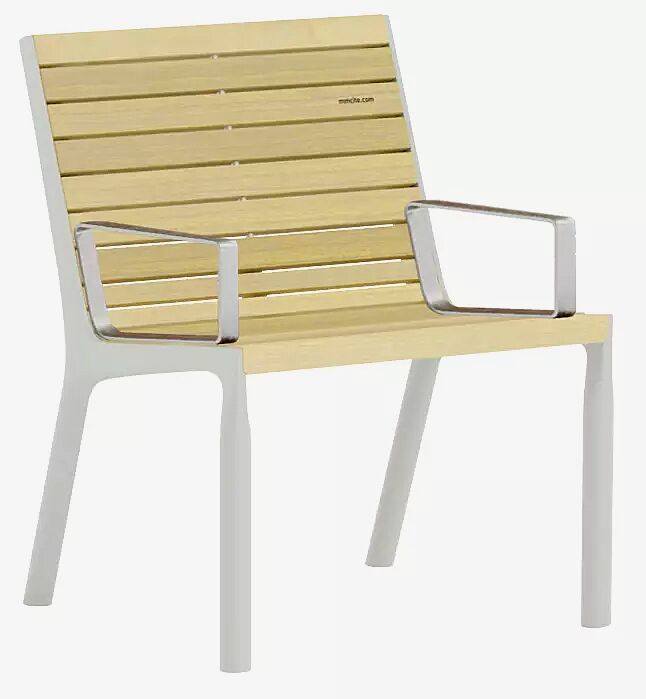 Sitz VLTAU mit Rückenlehne und Armlehnen, mit Robinienholzbelattung, Stahlteile in RAL 9006 weißaluminium