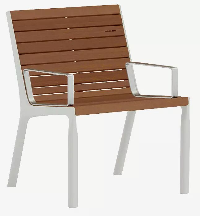 Sitz VLTAU mit Rückenlehne und Armlehnen, mit Jatobaholzbelattung, Stahlteile in RAL 9006 weißaluminium