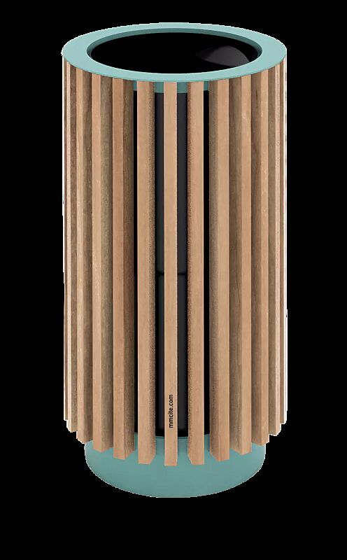 Abfallbehälter QUINBIN, rund, Korpus: Jatobaholzbelattung, Stahlteile in RAL 6027 lichtgrün