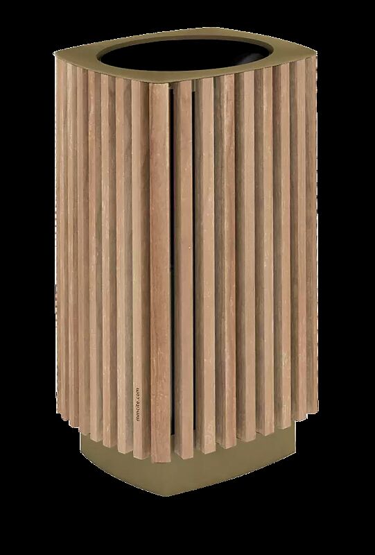 Abfallbehälter QUINBIN, quadratisch abgerundet, Korpus: Jatobaholzbelattung, Stahlteile in RAL 8024 beigebraun