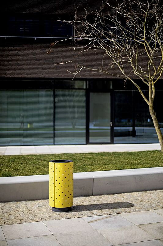 Abfallbehälter QUINBIN, rund, Korpus: gestanztes Stahlblech, Stahlteile in RAL 1021 rapsgelb und RAL 7016 anthrazitgrau