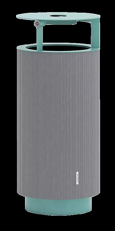 Abfallbehälter QUINBIN, rund, mit Schutzdach und Ascher, Korpus: Aluminiumprofile in RAL 9007 graualuminium, Stahlteile in RAL 56027 lichtgrün