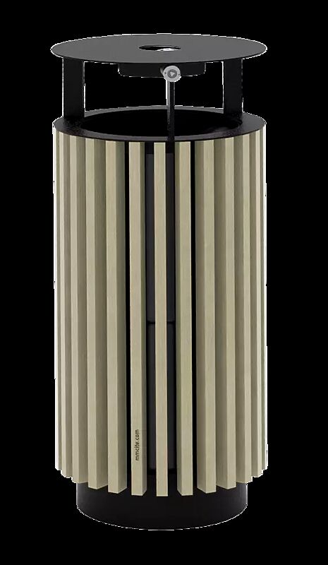 Abfallbehälter QUINBIN, rund, mit Schutzdach und Ascher, Korpus: Resysta®-Belattung lasiert in natur, Stahlteile in RAL 7016 anthrazitgrau