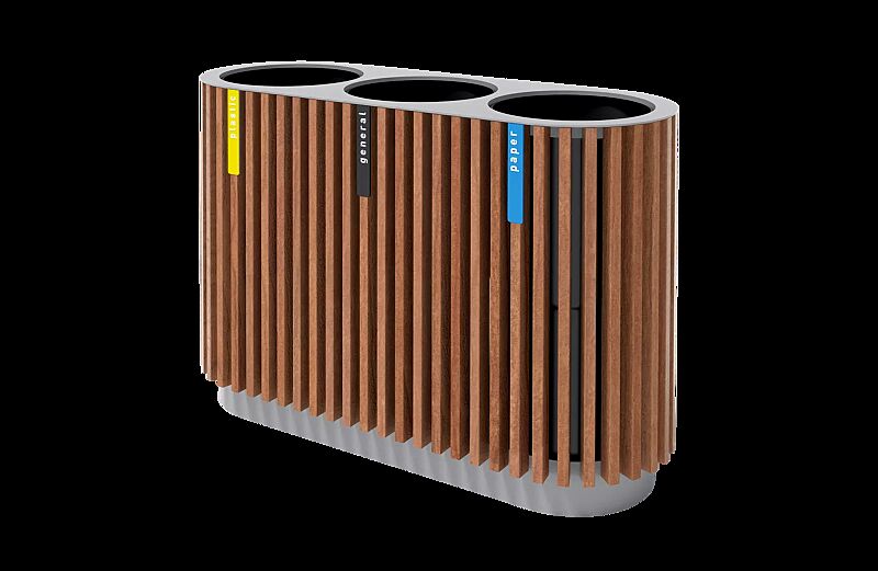 Abfallbehälter QUINBIN TRIO ohne Schutzdach, Korpus: Jatobaholzbelattung, Stahlteile in RAL 7035 lichtgrau