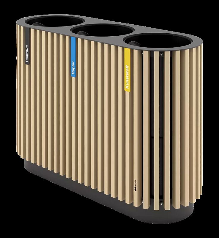 Abfallbehälter QUINBIN TRIO ohne Schutzdach, Korpus: Resysta®-Belattung lasiert in natur, Stahlteile in RAL 7016 anthrazitgrau