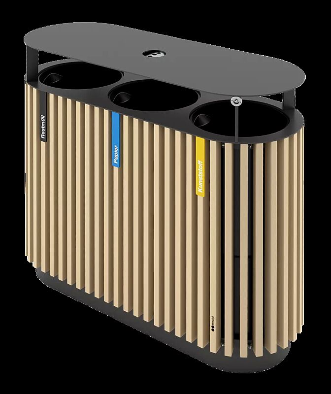 Abfallbehälter QUINBIN TRIO mit Schutzdach, mit Ascher, Korpus: Resysta®-Belattung lasiert in natur, Stahlteile in RAL 7016 anthrazitgrau