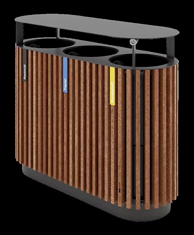 Abfallbehälter QUINBIN TRIO mit Schutzdach, ohne Ascher, Korpus: Jatobaholzbelattung, Stahlteile in RAL 7016 anthrazitgrau