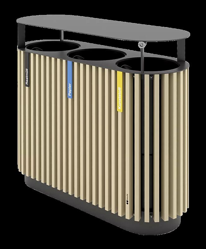 Abfallbehälter QUINBIN TRIO mit Schutzdach, ohne Ascher, Korpus: Resysta®-Belattung lasiert in natur, Stahlteile in RAL 7016 anthrazitgrau
