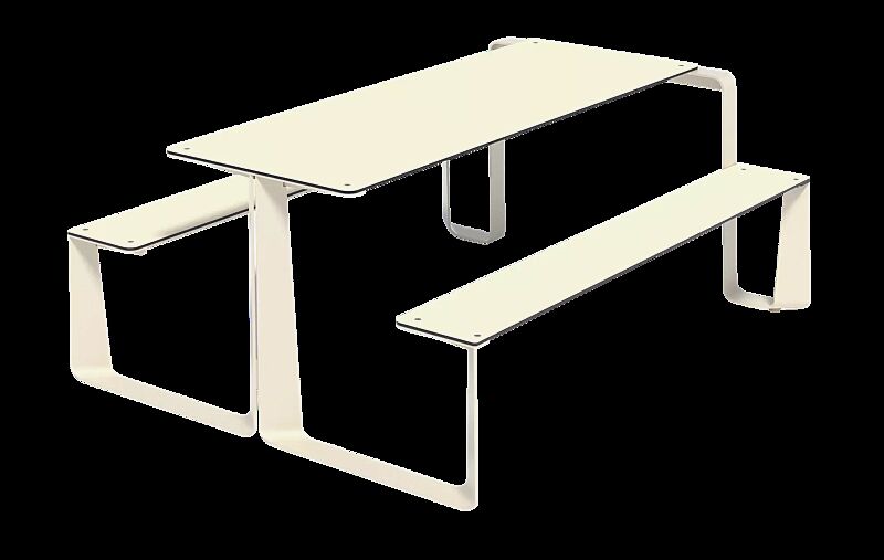 Bank-Tisch-Kombination RAUTSTER, einseitig barrierefrei, mit HPL-Auflage in White 0085, Stahlteile in RAL 1013 perlweiß