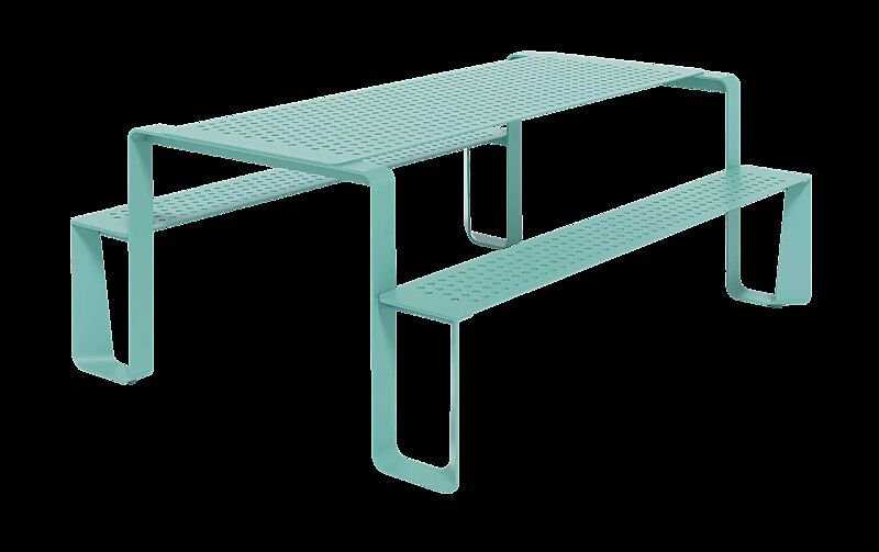 Bank-Tisch-Kombination RAUTSTER, beidseitig barrierefrei, Stahlteile in RAL 6027 lichtgrün