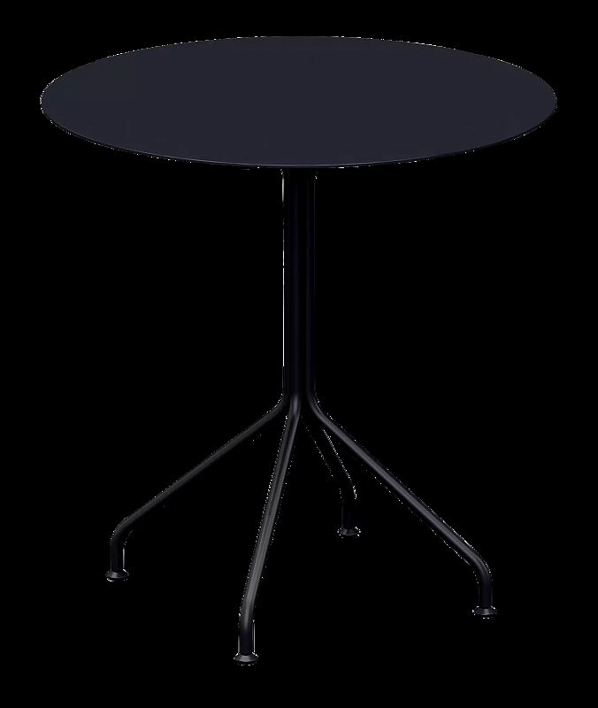 Tisch BOHÉM mit runder Aluminiumauflage, Stahl- und Aluminiumteile pulverbeschichtet in RAL 9005 tiefschwarz