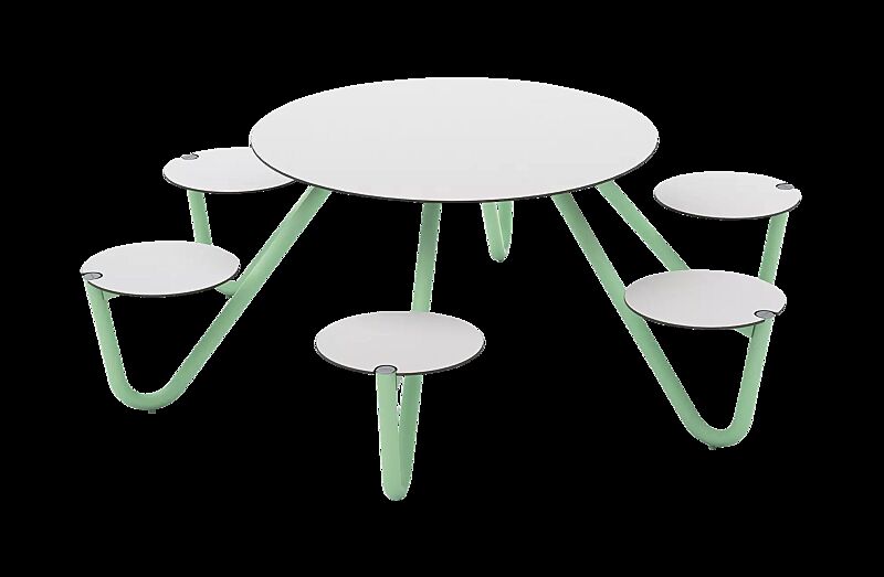 Bank-Tisch-Kombination ORBIT mit rundem Tisch, 6-Sitzer, HPL-Auflage und Stahlteile in RAL 6019 weißgrün