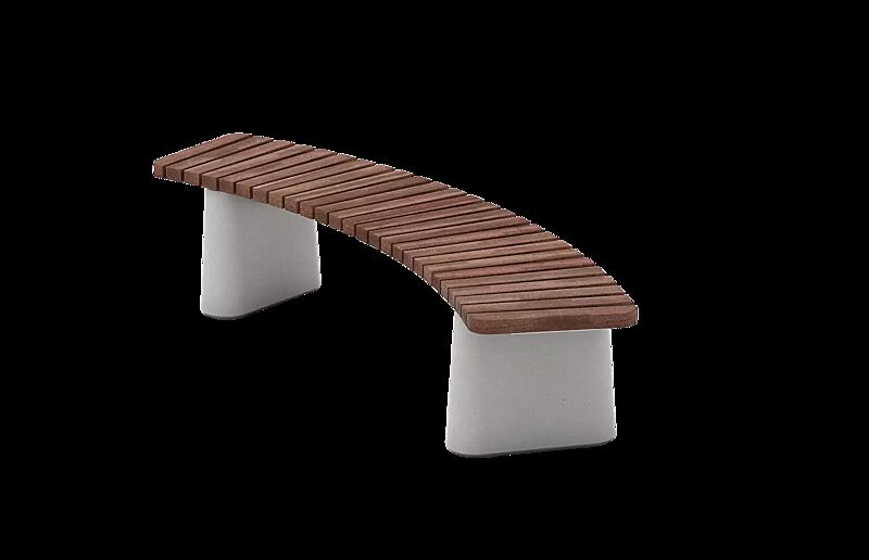 Sitzbank REFORMA ohne Rückenlehne, gebogen -36°, mit Querbelattung, mit Jatobaholzbelattung, HSC®-Beton in hellgrau