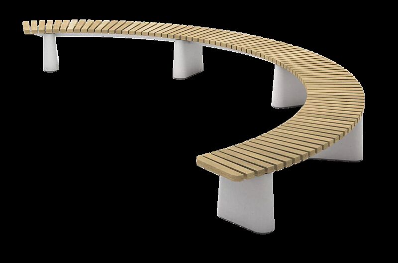 Sitzbank REFORMA ohne Rückenlehne, gebogen -135°, mit Querbelattung, mit Robinienholzbelattung, HSC®-Beton in hellgrau