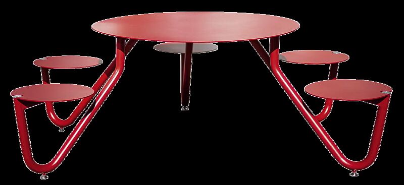 Bank-Tisch-Kombination ORBIT mit rundem Tisch, 5-Sitzer, Aluminium-Auflage und Stahlteile in RAL 3020 verkehrsrot