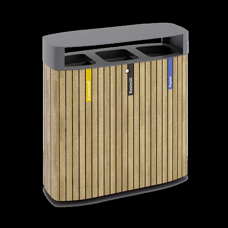 Abfallbehälter MULTIMINIUM, Korpus: Robinienholzbelattung, Stahlteile und Aluminium-Schutzdach in RAL 7043 verkehrsgrau