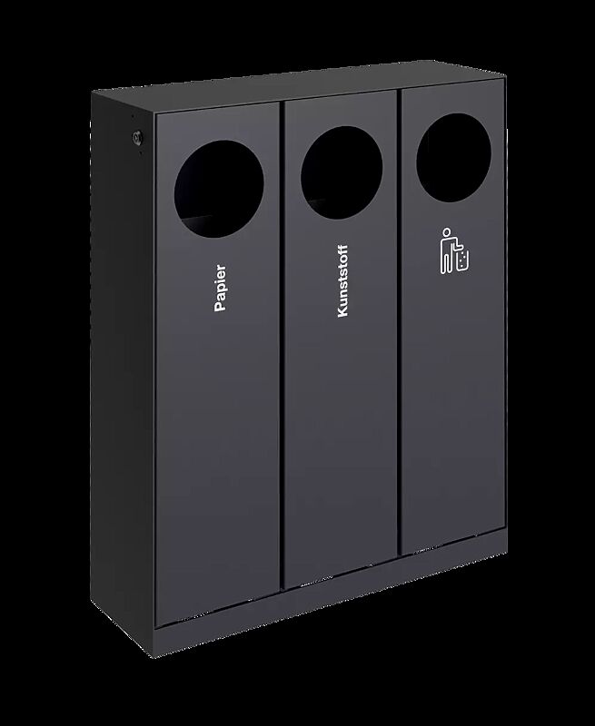 Abfallbehälter CRYSTAL TRIO ohne Ascher, 3 x 32 Liter, ohne Einwurfklappe, in RAL 7016 anthrazitgrau, Siebdruck in RAL 9003 signalweiß