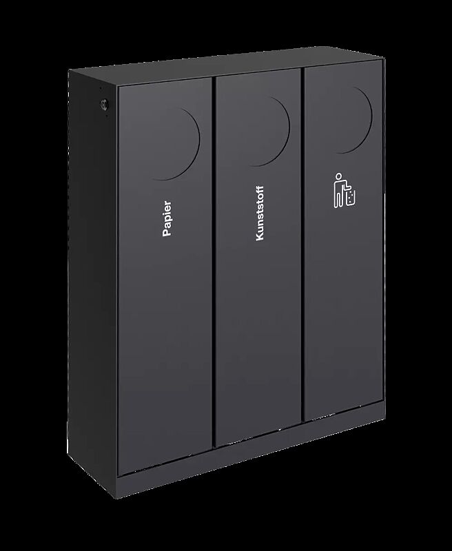 Abfallbehälter CRYSTAL TRIO ohne Ascher, 3 x 32 Liter, mit Einwurfklappe, in RAL 7016 anthrazitgrau, Siebdruck in RAL 9003 signalweiß